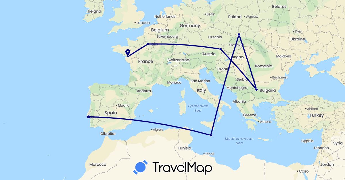 TravelMap itinerary: driving in Austria, Bulgaria, France, Malta, Poland, Portugal (Europe)